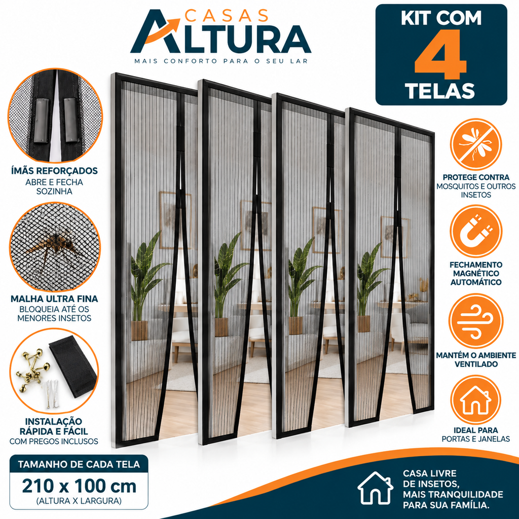 Kit 2 Tela Mosquiteira para Porta com Fecho Magnético 210x100cm - Fácil Instalação, Ventilada